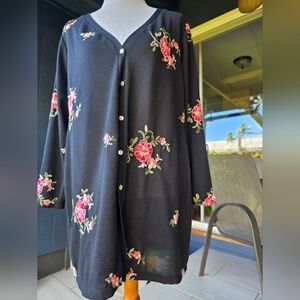 Fig and Flower Black Cardigan with Pink Floral Embroidery XL